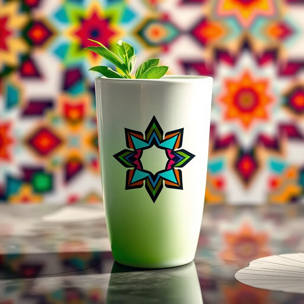 A white ceramic tumbler with a vibrant, colorful design featuring a stylized Star and Crescent motif. The background is a colorful abstract pattern inspired by Islamic geometric art. The tumbler is partially filled with a refreshing green juice.