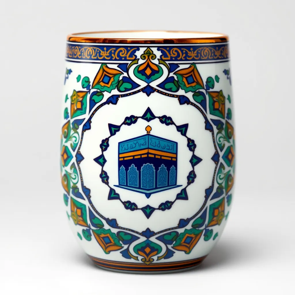 A white ceramic tumbler with a vibrant, colorful design. The tumbler features a central motif of a stylized Kaaba, surrounded by intricate geometric patterns in shades of blue, green, and gold. The design is reminiscent of traditional Islamic art and architecture.