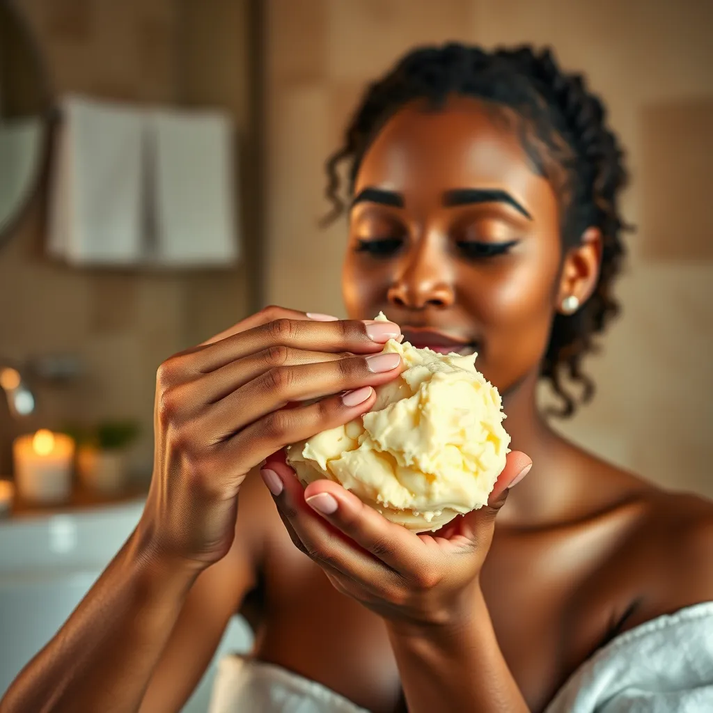 A woman applying shea butter to her skin, showcasing its rich, creamy texture. The background should be a warm and inviting setting, like a spa or a home bathroom. The image should highlight the nourishing and moisturizing properties of shea butter and its benefits for skin care.