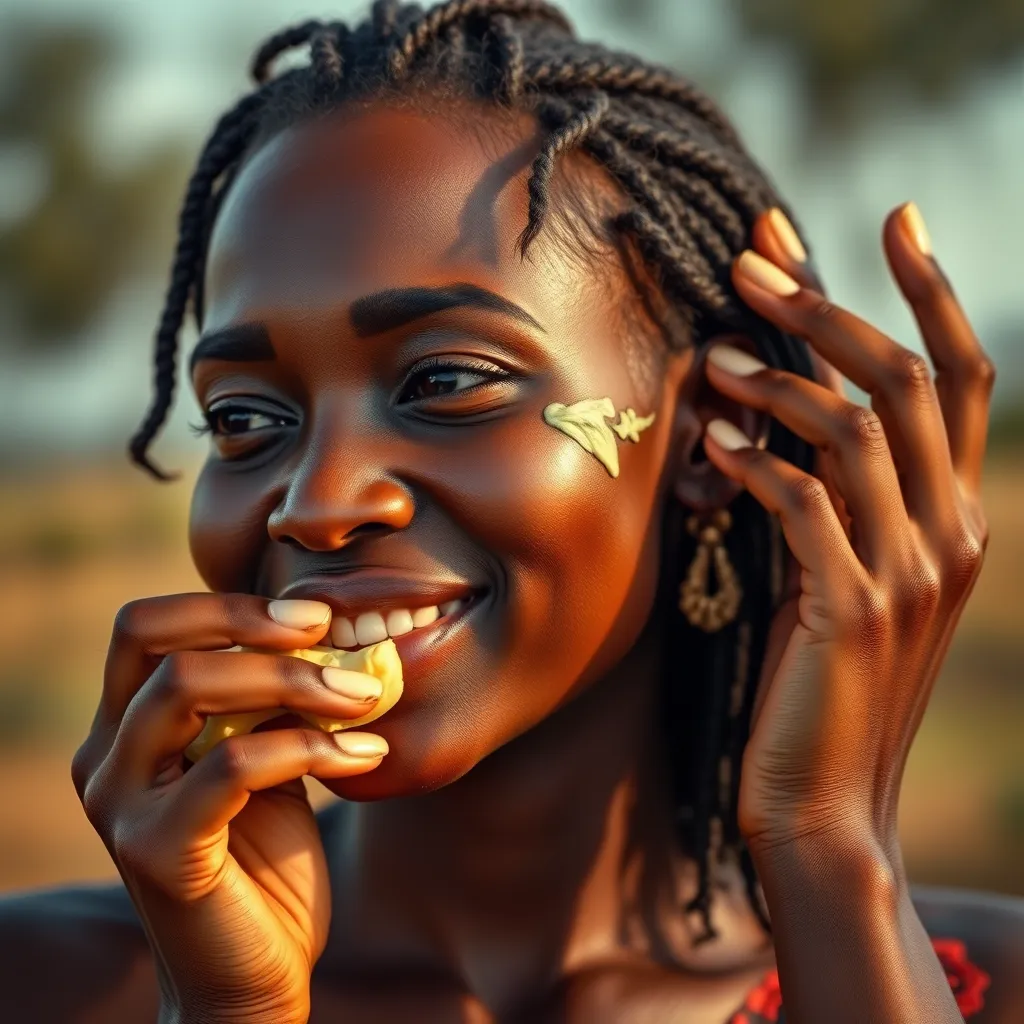 A woman with glowing, healthy skin applies shea butter to her face and hair. The background is a serene African setting with vibrant colors, reflecting the nurturing and transformative properties of the shea butter.