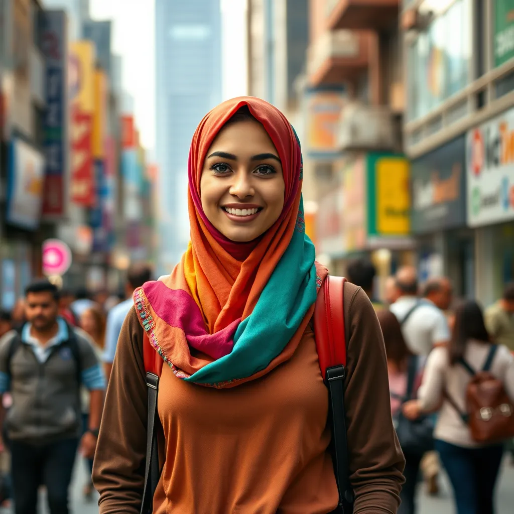 A young woman with a warm smile, wearing a vibrant hijab, stands confidently in a bustling city street. Her eyes sparkle with self-assurance as she walks with purpose, radiating a sense of empowerment and inner peace. The backdrop is a vibrant city scene with diverse people and buildings, highlighting a sense of community and belonging.