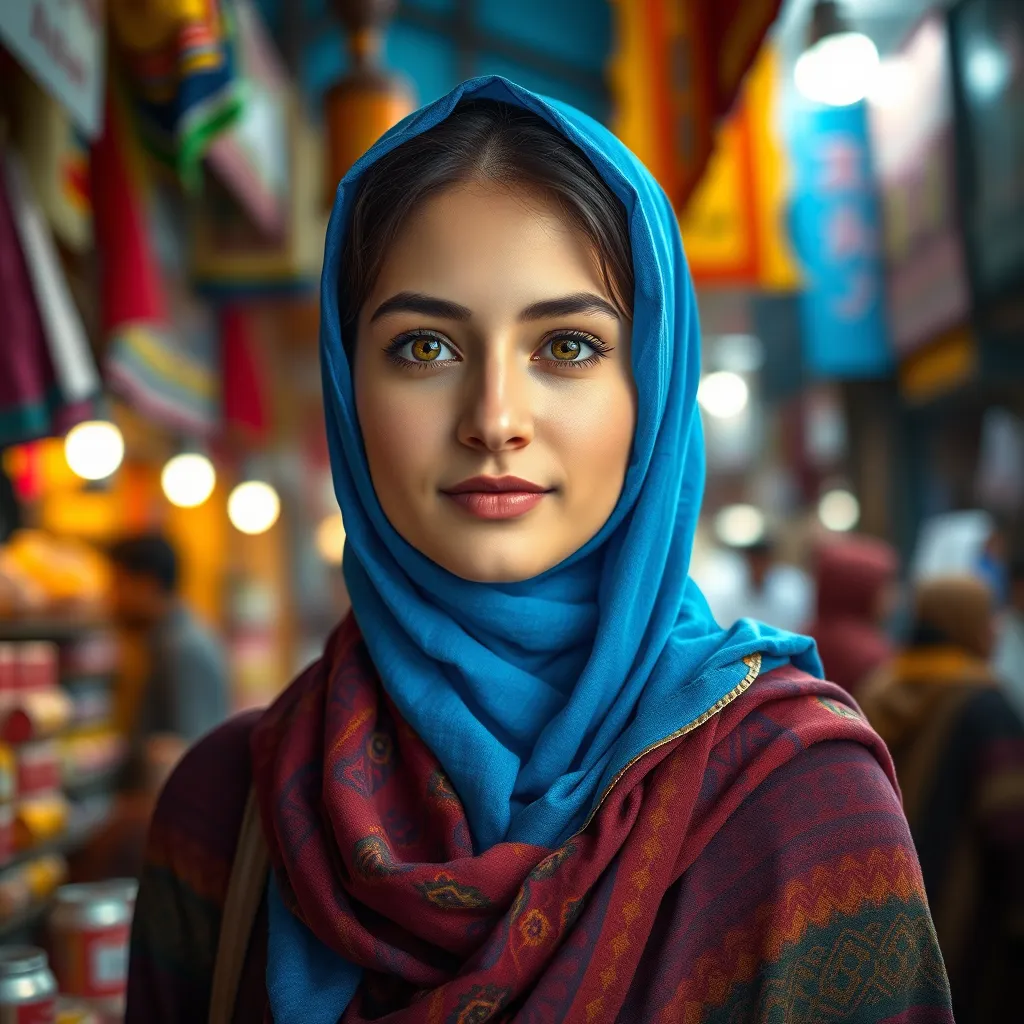 A young woman with warm brown eyes, wearing a vibrant blue hijab, stands confidently in a bustling marketplace, her face radiating a calm inner peace. The background is a vibrant blend of colors and textures, representing the richness of cultural diversity.