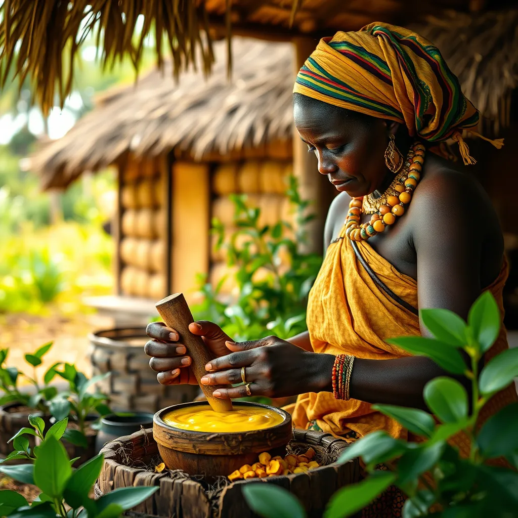 An African woman, dressed in traditional clothing, is carefully processing shea butter in a mortar and pestle, surrounded by lush vegetation and a beautiful African hut. The image should capture the essence of tradition and craftsmanship.