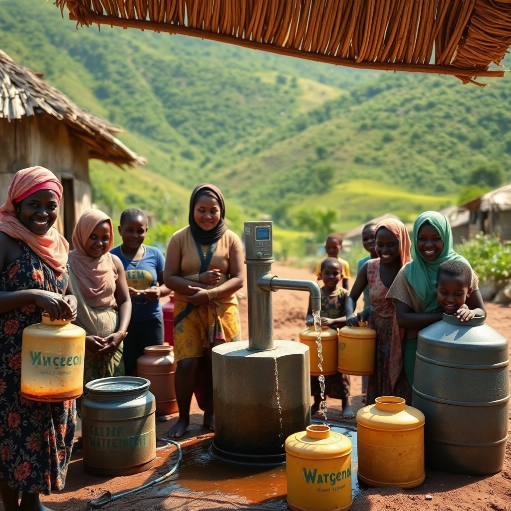An ultra-high definition (8K), photorealistic image depicting a vibrant rural African village community.  The scene centers on a newly installed water pump, with people, primarily women and children, joyfully collecting water in various containers.  The lighting should be bright, natural sunlight, casting gentle shadows.  The color palette should be rich and warm, emphasizing earthy tones and the lush greenery of the surrounding landscape.  The camera angle is slightly elevated, providing a wide shot showcasing the entire scene and the positive impact of the project. The water pump should be modern and well-maintained, reflecting the charity's commitment to quality.  Detailed textures are crucial:  rough-hewn earth, worn containers, and the glistening surface of the clean water.  The background includes verdant hills and traditional huts, conveying a sense of authentic rural life.  The style should be reminiscent of National Geographic photography, with a focus on capturing genuine human emotion and environmental detail. The overall mood should be celebratory and uplifting, emphasizing the transformative power of clean water. Render in hyperrealistic style, with exceptional detail on the water droplets on the containers and the skin tones of the people.