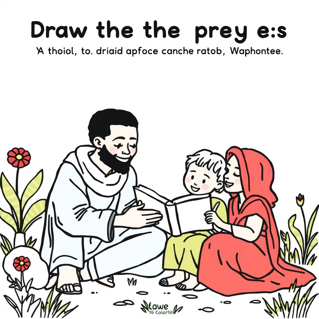 Draw a family reading an African proverb on a coloring page.