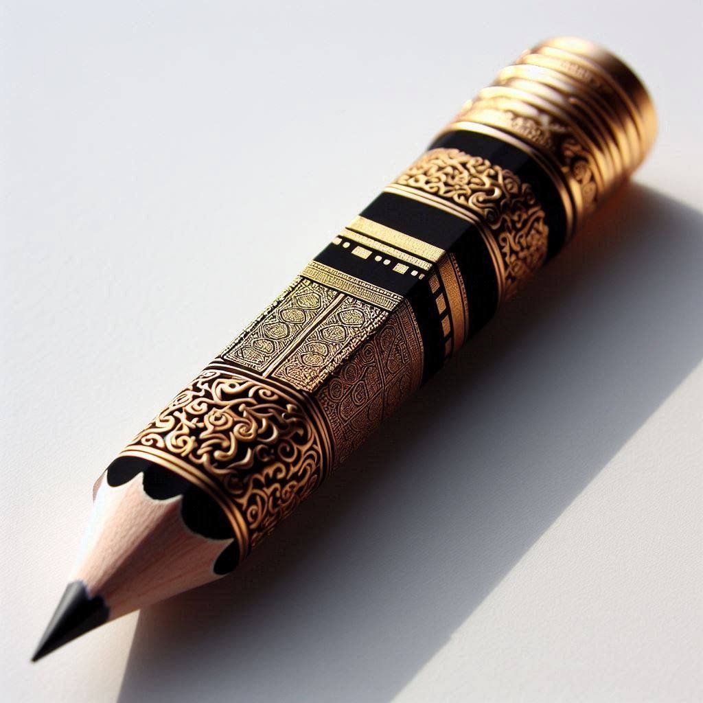 A close-up shot of a personalized tumbler with a  deep blue  background, with a silver name plate attached. The name "Aisha" is engraved in a beautiful, flowing script. The tumbler is surrounded by other gifts, including a prayer rug, a book of Islamic teachings, and a small beaded tasbih (prayer beads), suggesting the gift is for a special occasion like a birthday or wedding.