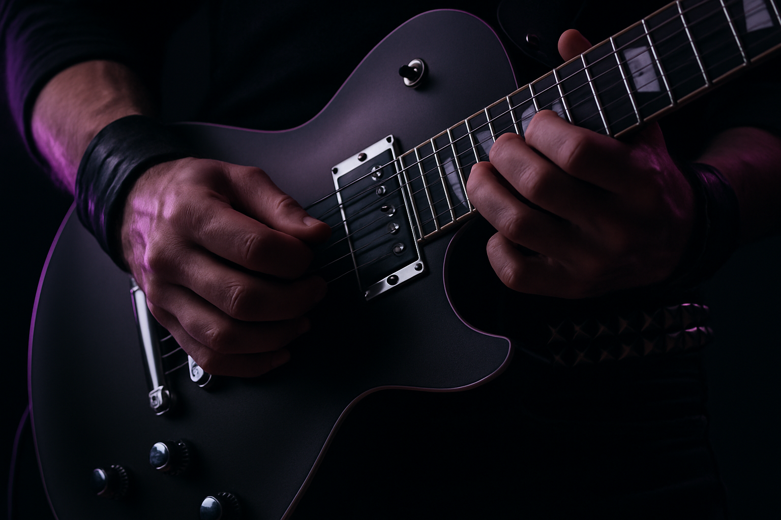 Close-up of black studded leather jacket with spikes – edgy rock fashion essential.