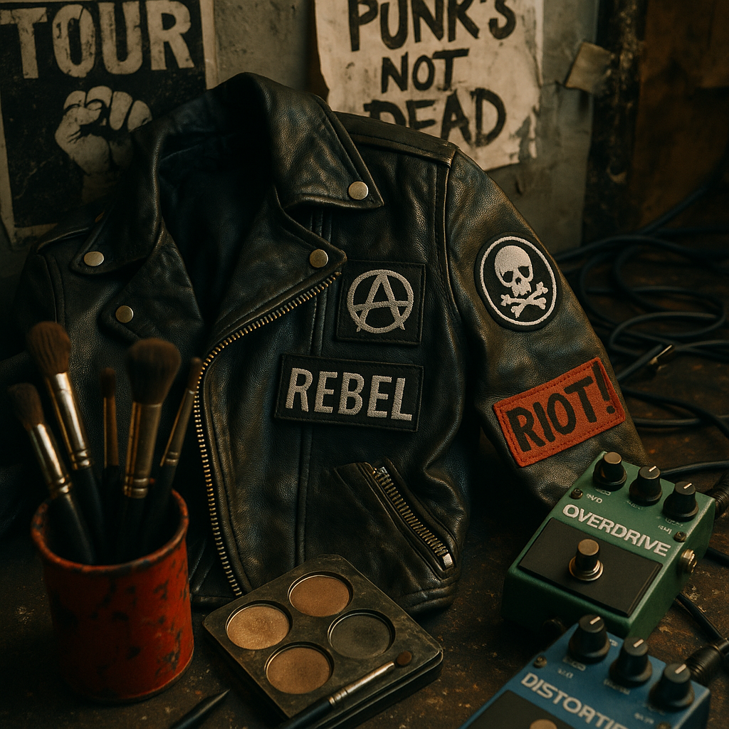 Female rocker with electric guitar in studded jacket – bold rock style fashion and music inspiration.”