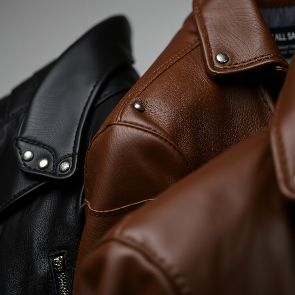 Close-up of black and brown leather jackets, highlighting must-have rock fashion staples for concerts and everyday grunge outfits.
