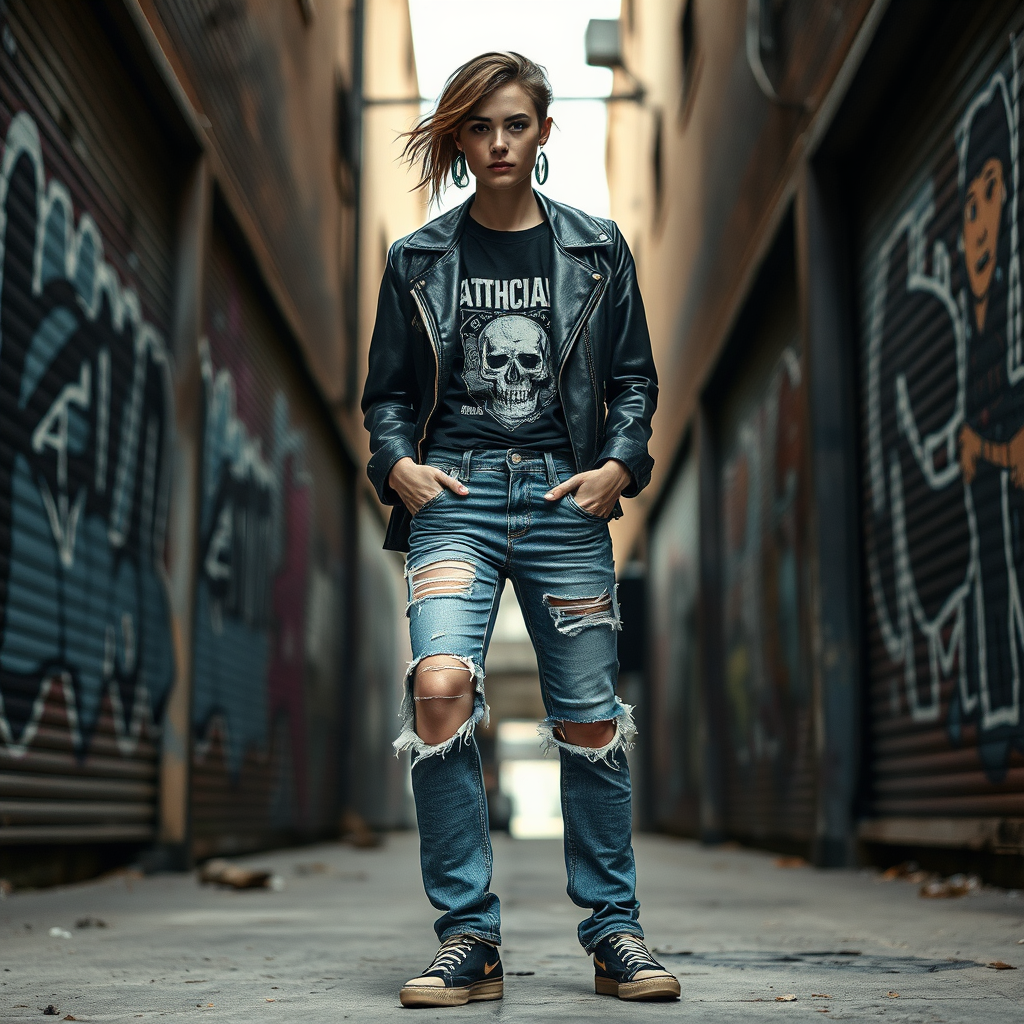 Full-body shot of a model wearing distressed ripped denim jeans and a graphic rock tee, walking through a graffiti-covered alley.