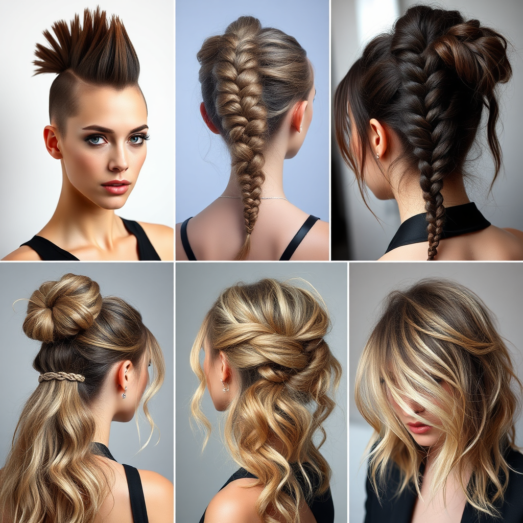 Rock-inspired hairstyles collage featuring mohawks, braids, and edgy updos for concerts and festivals.