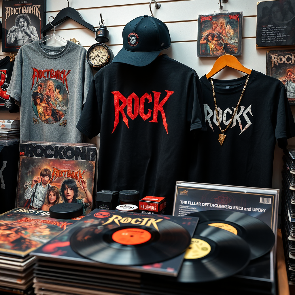 Exclusive rock merchandise display with vinyl records, graphic band t-shirts, and punk fashion collectibles