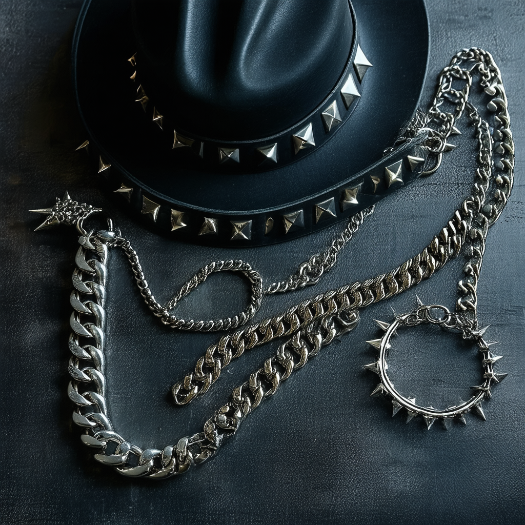 Black studded hat with silver spiked chain necklaces and punk jewelry, styled for grunge and rockstar fashion.”