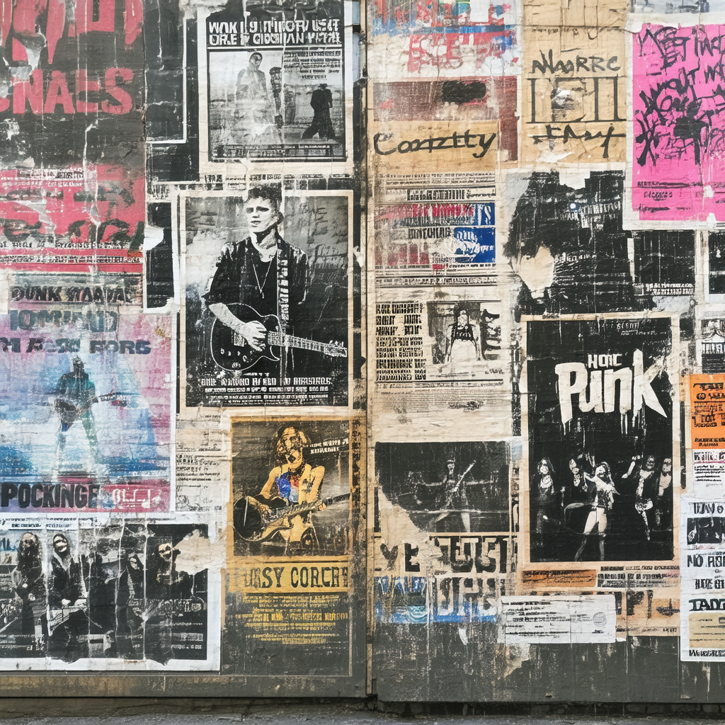 "Collage of vintage punk rock concert posters with grunge style design"