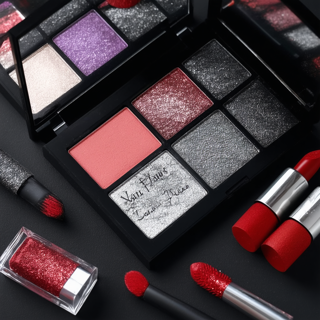 "Glam rock makeup palette with glitter eyeshadows and red lipsticks"