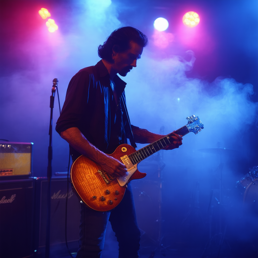 Guitarist performing live on stage with smoke and colorful lights"