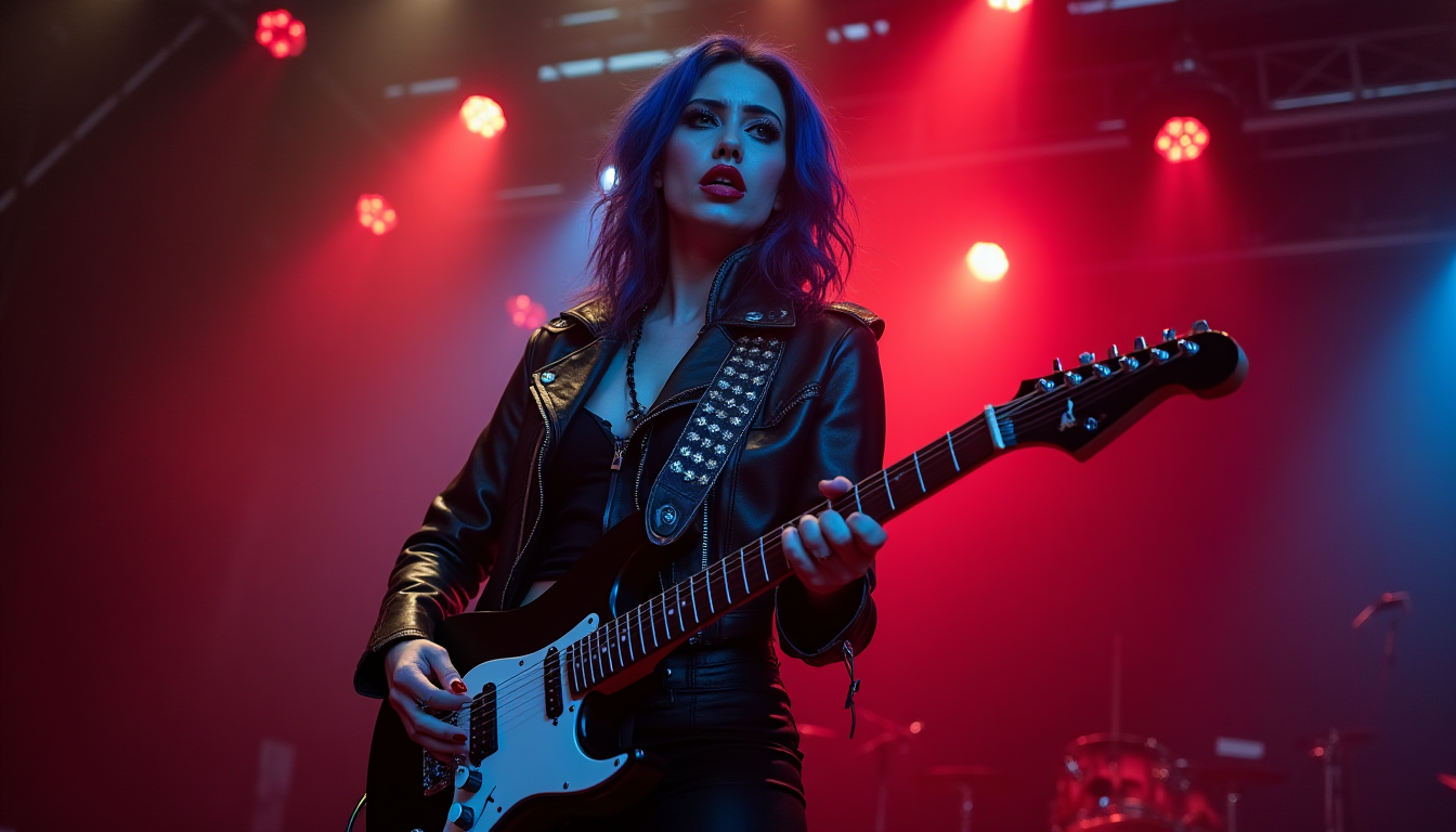 Female rocker with electric guitar in studded jacket – bold rock style fashion and music inspiration.”