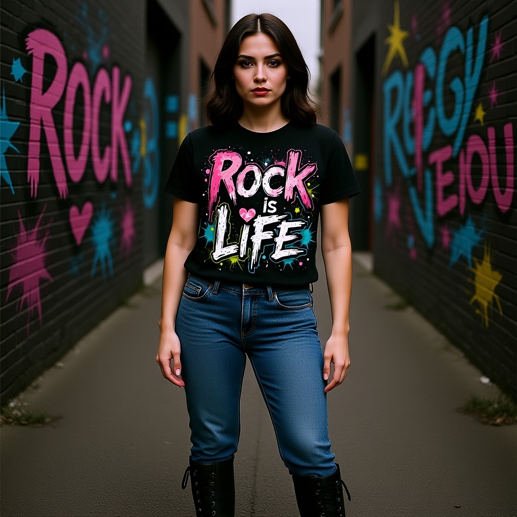 Model wearing a punk rock band tee with graffiti wall background, styled for edgy streetwear concert fashion.”