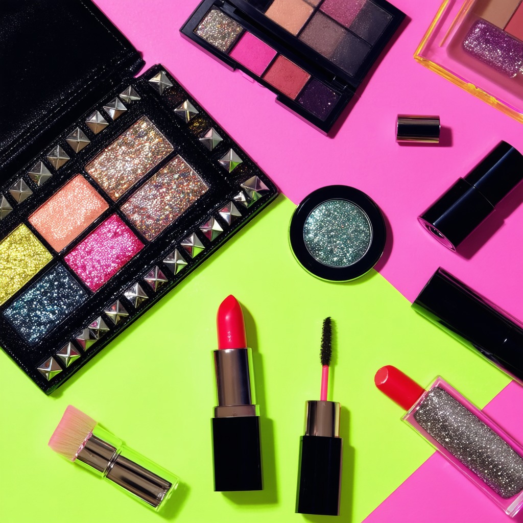 Bold glitter makeup look with rainbow sparkle, festival-ready rock-inspired beauty style.