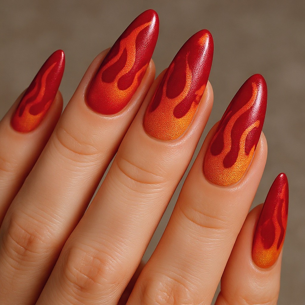 Punk-inspired nail art with fiery flame design in red and orange, perfect for concert-ready grunge and rock style.