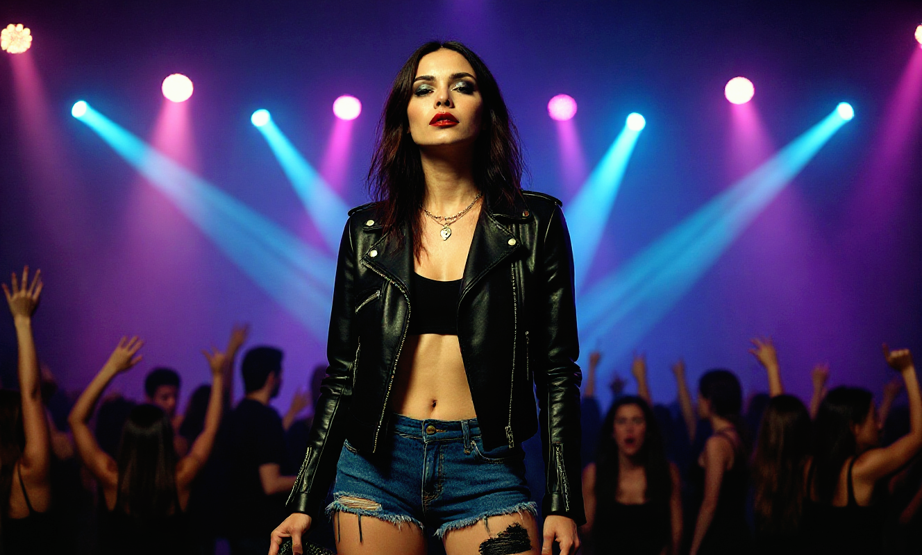 Stylish rocker woman in edgy leather jacket at a concert, embodying grunge-inspired beauty, fashion, and concert-ready style.
