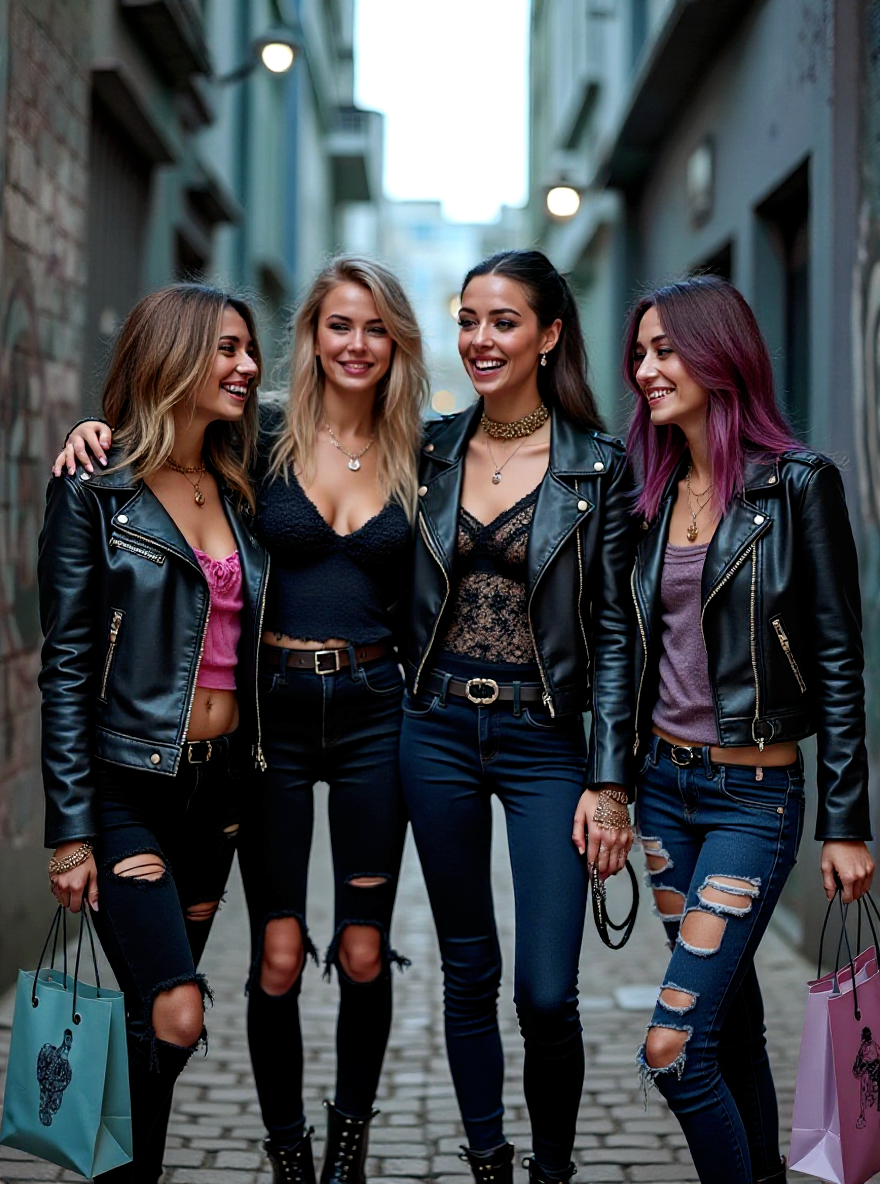 Smiling group of stylish women in leather jackets and ripped jeans, showcasing rock-inspired fashion and grunge street style.