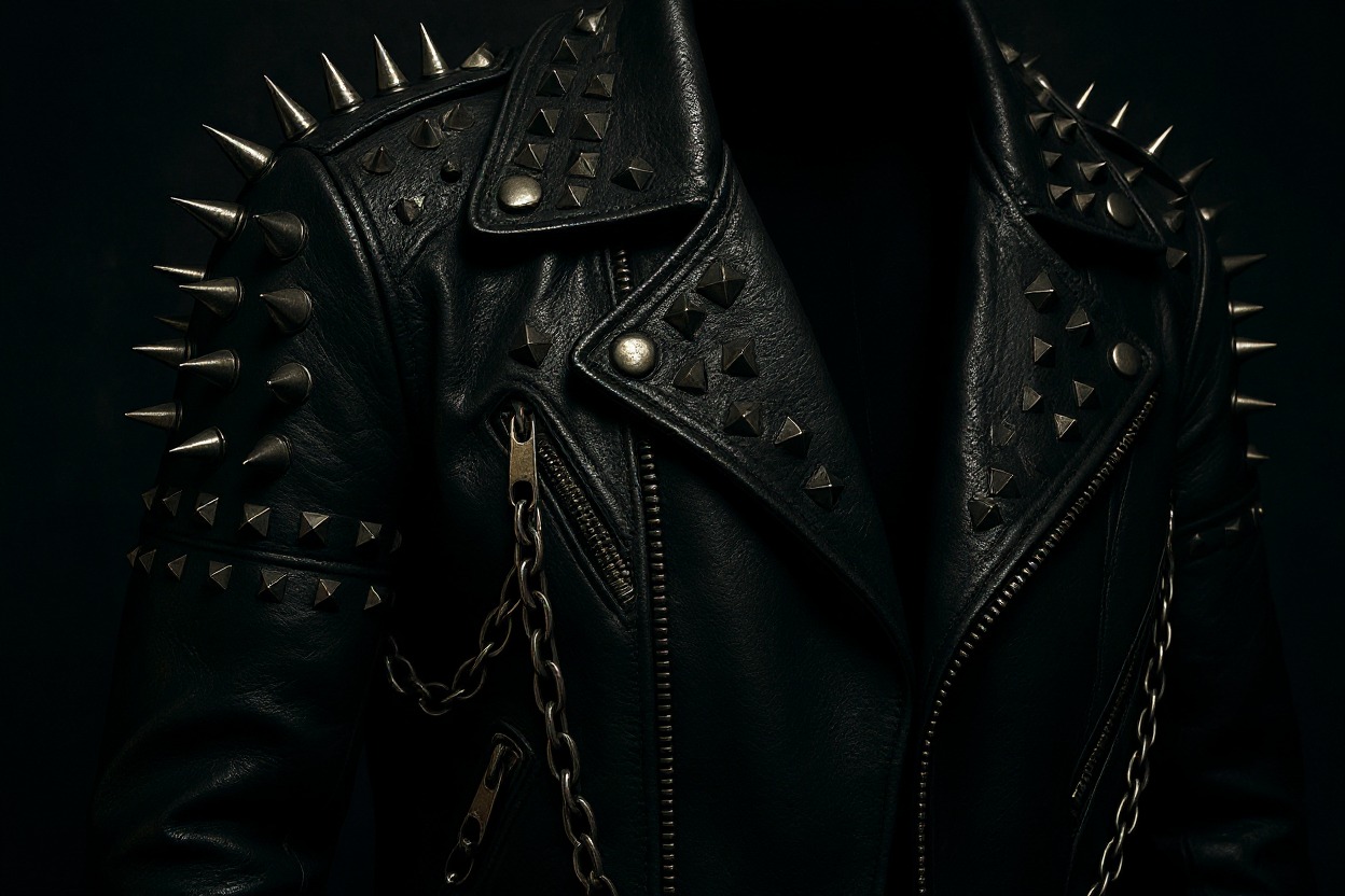 Close-up of black studded leather jacket with spikes – edgy rock fashion essential.