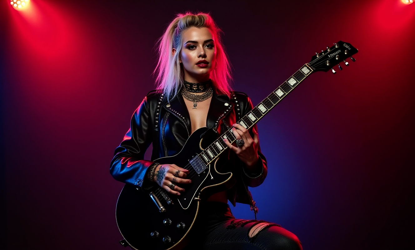 Female rocker with electric guitar in studded jacket – bold rock style fashion and music inspiration.”