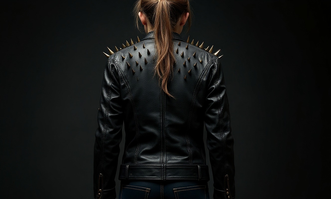 Close-up of black studded leather jacket with spikes – edgy rock fashion essential.