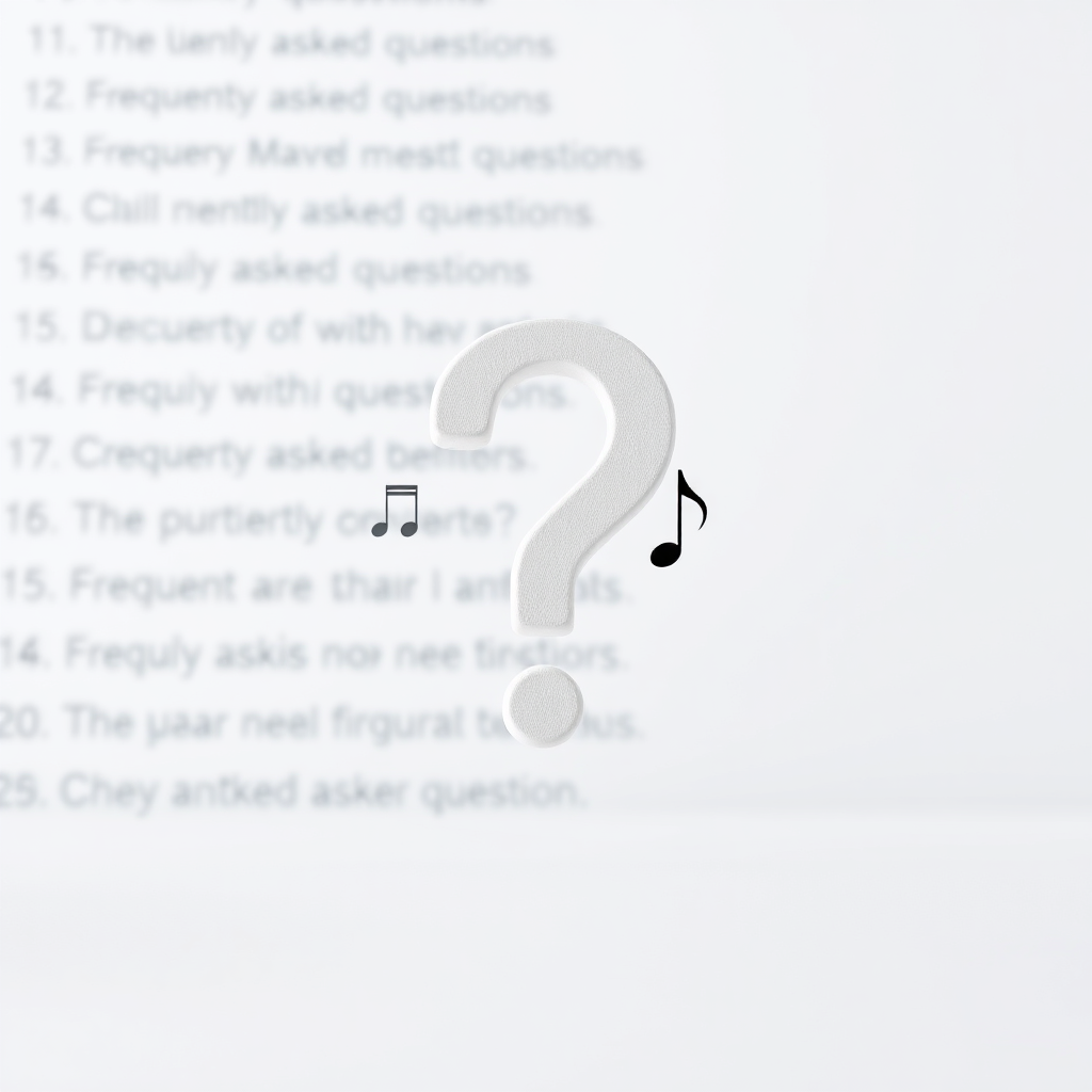 A clean, minimalist image depicting a question mark symbol with subtle musical notes surrounding it. The background is a blurred list of frequently asked questions. Soft, even lighting emphasizes the clarity of the information. The camera angle is head-on, focusing on the question mark symbol.