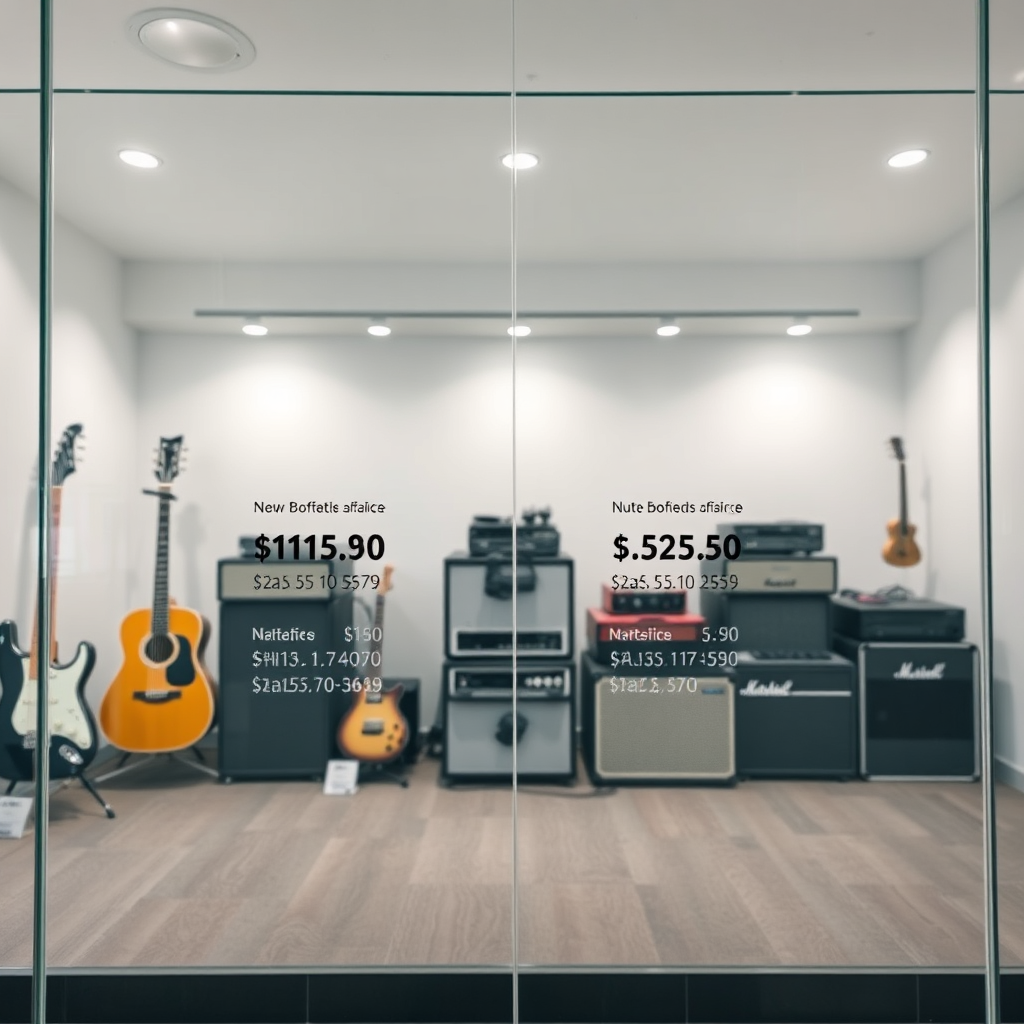 A clean, minimalist image featuring a transparent glass display with various musical instruments and audio equipment behind it. The prices are displayed clearly on the glass. Soft, even lighting emphasizes the transparency. The camera angle is head-on, focusing on the glass display and the prices.