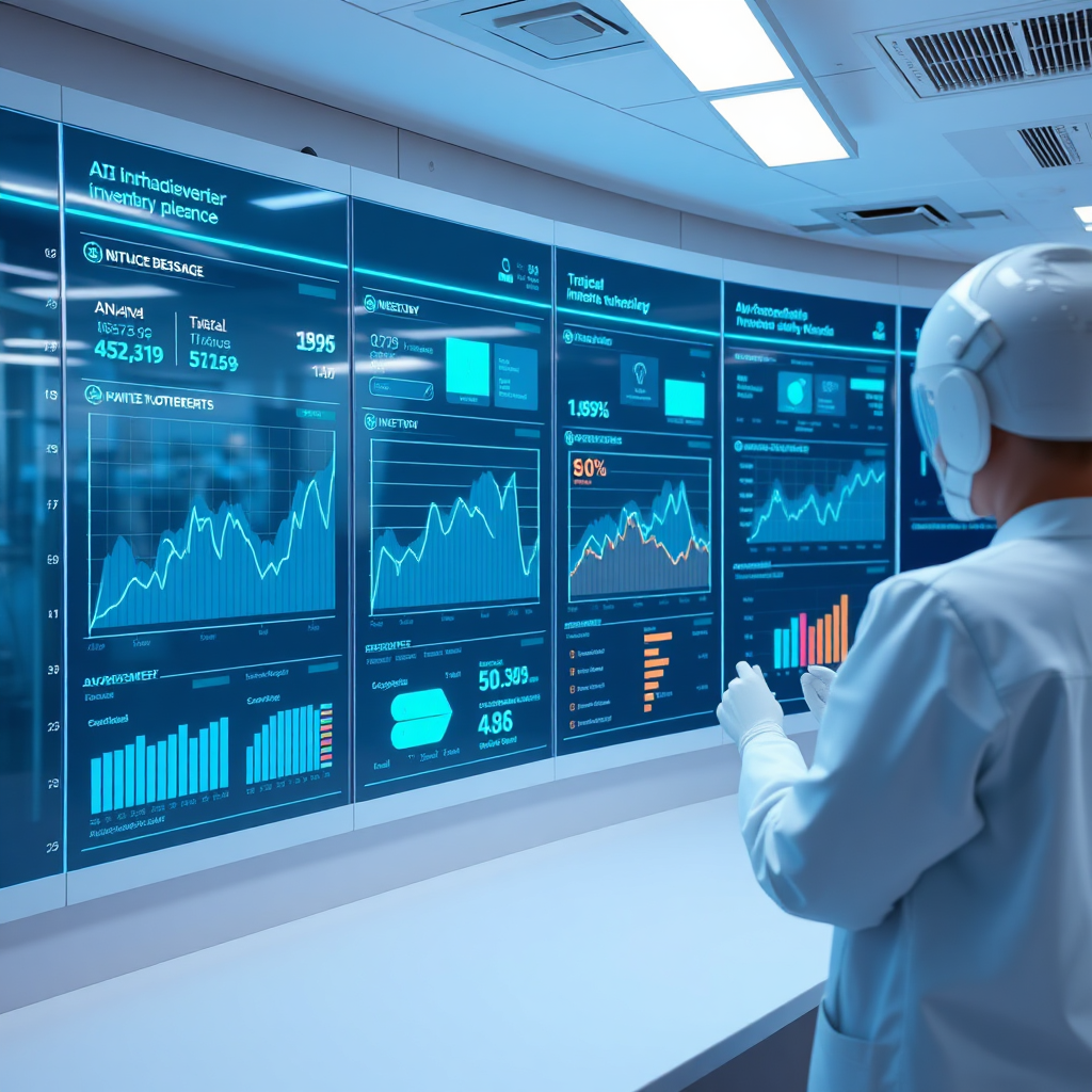 Futuristic AI inventory dashboard visual in a clinical lab