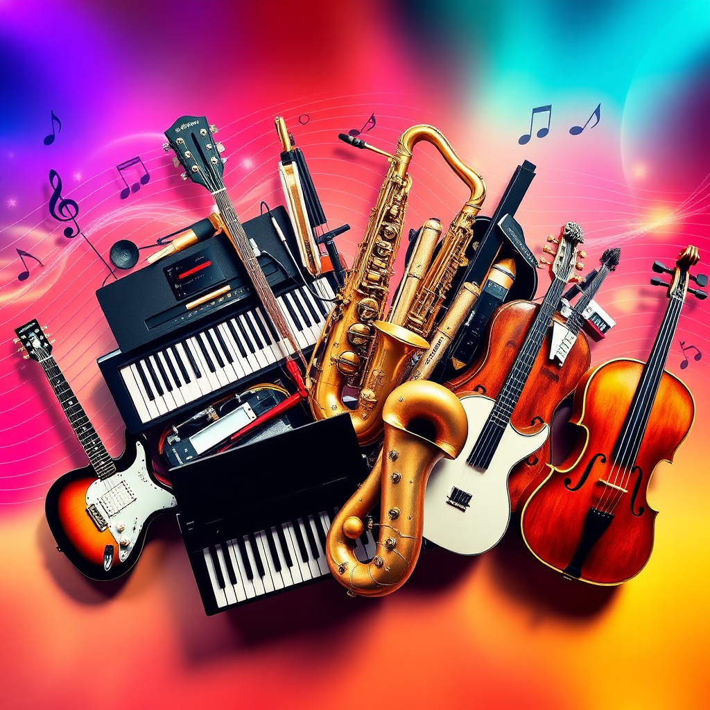 A montage of diverse musical instruments representing various genres (guitar, piano, saxophone, strings), subtly arranged to form a heart shape. The background is a vibrant, abstract design with musical notes and waveforms. Lighting is dynamic and colorful, reflecting the versatility of musical styles. Camera angle is overhead, showcasing the heart shape. The overall style is modern and playful, conveying the endless possibilities of custom music.