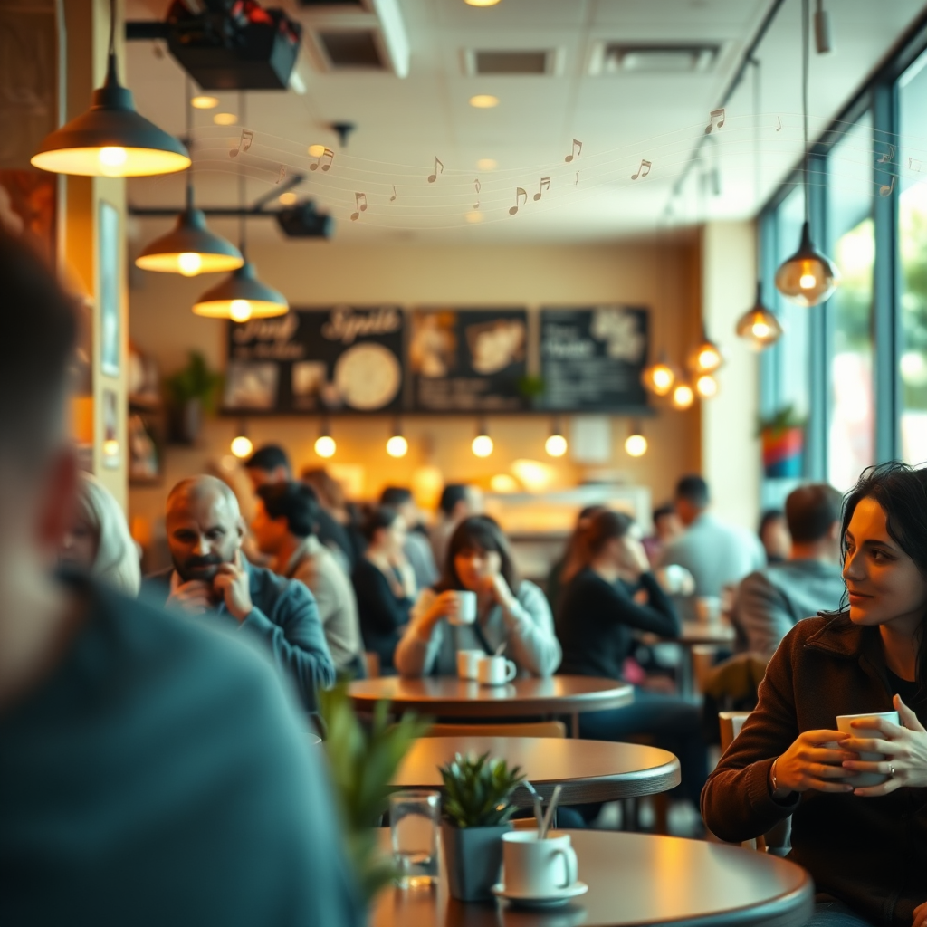 A photorealistic image of a bustling coffee shop with subtle background music playing. Customers are relaxed and enjoying their beverages, creating a positive atmosphere. The background music is represented by faint musical notes and waveforms. Lighting is warm and inviting, conveying comfort and relaxation. Camera angle is wide, capturing the overall ambiance of the coffee shop.