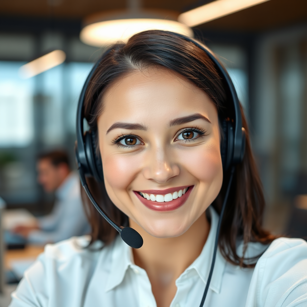 A photorealistic image of a friendly customer service representative wearing a headset and smiling. The background is a clean, professional office setting. Warm, inviting lighting conveys approachability and helpfulness. The camera angle is close-up, focusing on the representative's face.