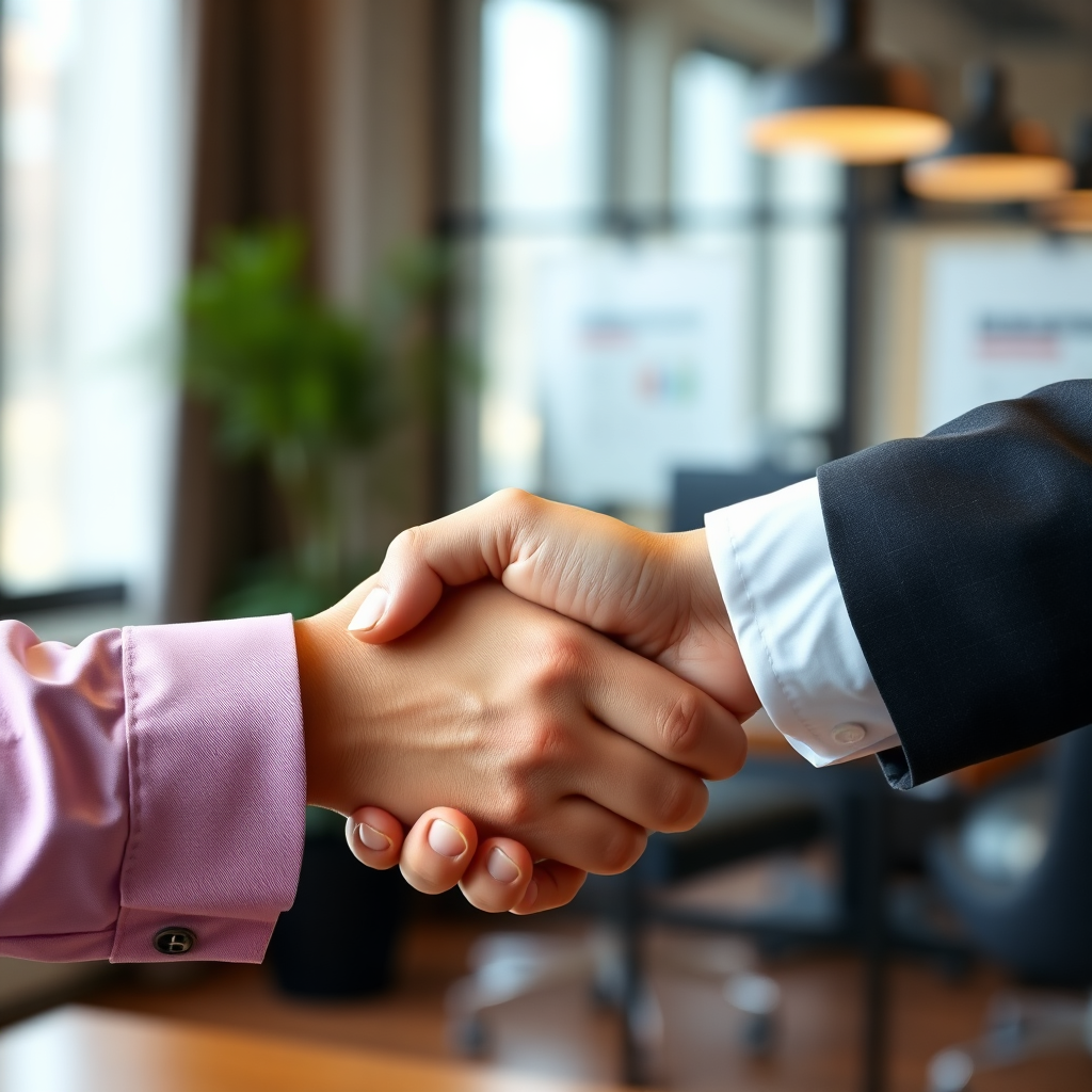 A photorealistic image of a handshake, symbolizing a transparent agreement. The background is a blurred office setting. Warm, professional lighting conveys trust and reliability. The camera angle is close-up, focusing on the handshake.