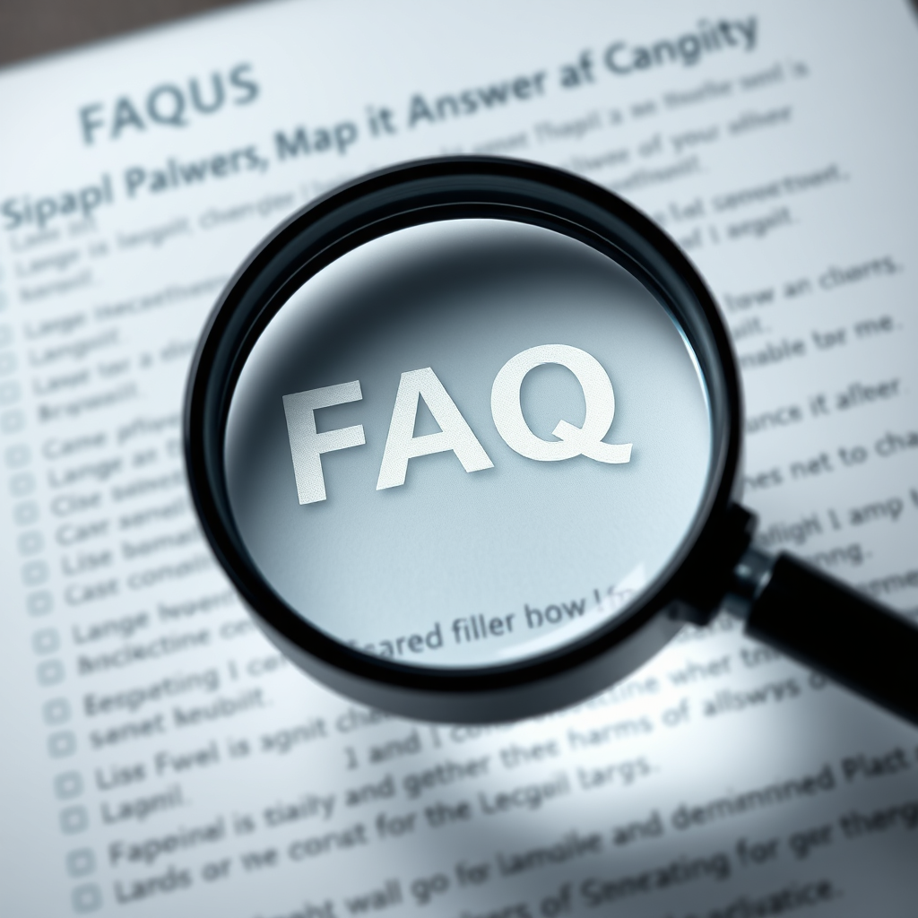 A photorealistic image of a magnifying glass hovering over a list of FAQs. The magnifying glass symbolizes the search for answers. Clean, focused lighting emphasizes the clarity of the information. The camera angle is close-up, focusing on the magnifying glass and the list of FAQs.