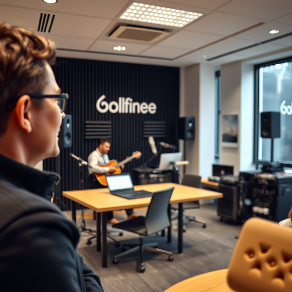 A photorealistic image of a modern office space with subtle branding elements. In the background, a professional recording session is taking place, with musicians composing a jingle. The foreground features a satisfied client listening intently. Lighting is clean and professional, conveying competence and innovation. Camera angle is slightly angled, showcasing both the office and the recording session.