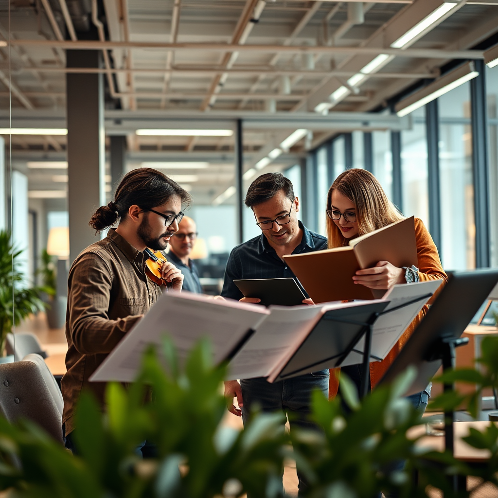 A photorealistic image of a team collaborating in a modern office space. They are reviewing musical scores and discussing ideas. Bright, collaborative lighting conveys teamwork and creativity. The camera angle is slightly angled, showcasing the team dynamic.