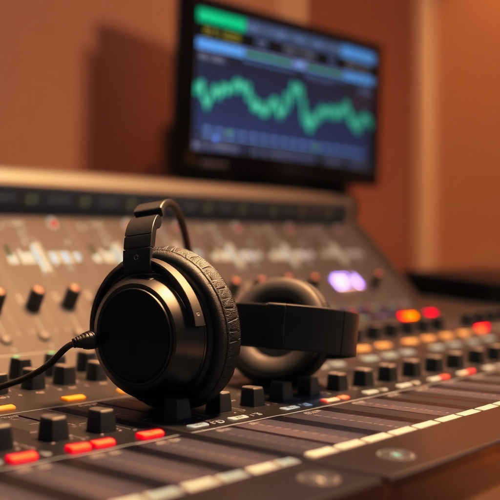 A photorealistic image of professional studio headphones resting on a mixing console. The console displays various waveforms and audio levels, indicating a recording session in progress. Soft, ambient lighting creates a professional atmosphere. The camera angle is close-up, focusing on the headphones and the console.