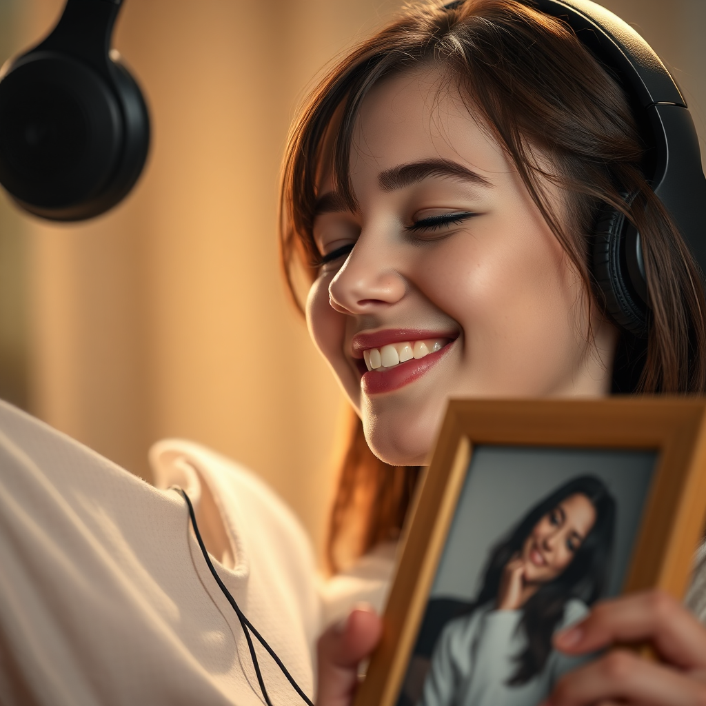 A photorealistic image showcasing a young woman listening to a song on her headphones, tears of joy streaming down her face. She's holding a framed photo, subtly hinting at the song's inspiration. The background is softly blurred, emphasizing her emotional reaction. Lighting is soft and warm, creating an intimate atmosphere. Camera angle is close-up, focusing on her expression. The scene should convey genuine emotion and the power of personalized music.