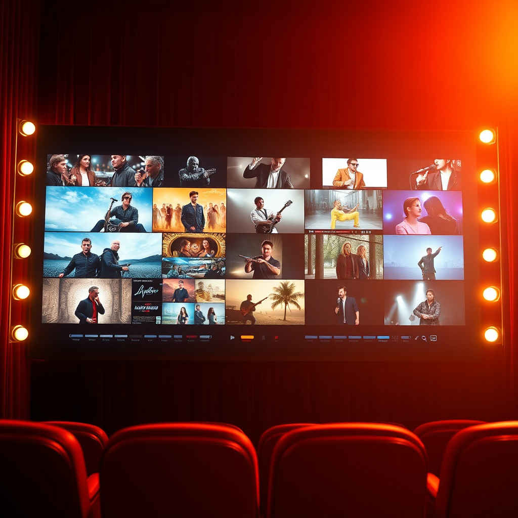 A stylized image depicting a cinema screen playing a montage of various video clips. The clips showcase different genres and styles, representing the diversity of the video portfolio. Bright, dynamic lighting captures the energy of the videos. The camera angle is front-on, focusing on the cinema screen.