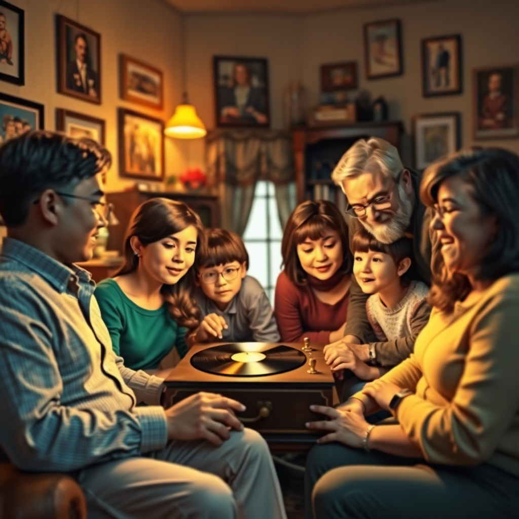 A stylized image depicting a family gathered around a vintage record player, listening intently. The room is filled with warm, nostalgic lighting, and the walls are adorned with framed photos and memorabilia. The overall scene evokes a sense of togetherness and cherished memories. The style is slightly retro, with a warm color palette and soft textures. Camera angle is wide, capturing the entire family dynamic.