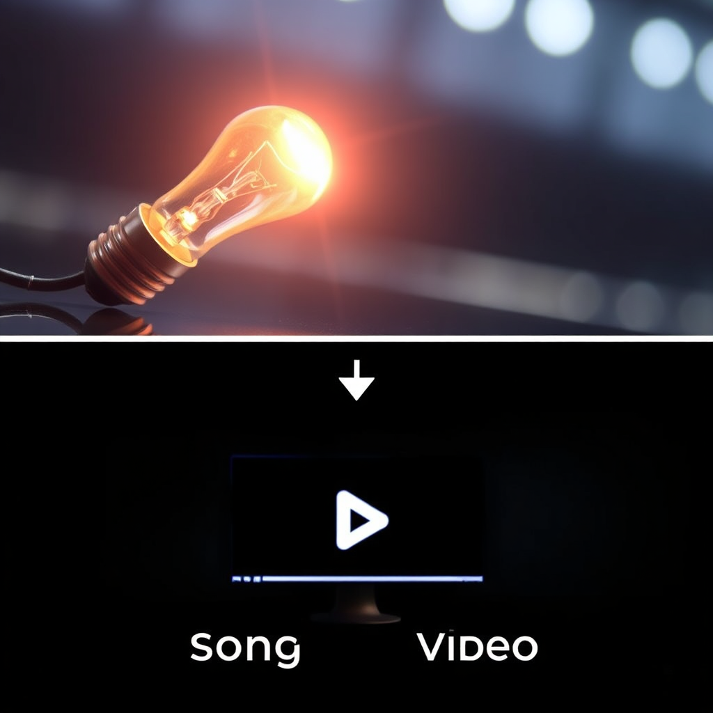 A stylized image depicting a lightbulb illuminating a musical note, which then transforms into a completed song and video. The lightbulb represents the initial idea, and the transformation represents the creative process. Bright, inspiring lighting conveys innovation and artistry. The camera angle is slightly low, emphasizing the transformation.