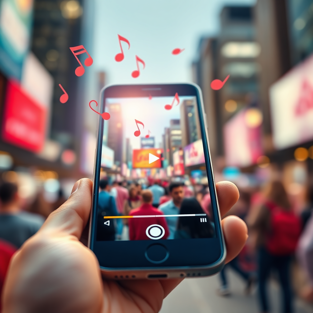 A stylized image depicting a smartphone displaying a vibrant video ad. Musical notes are subtly emanating from the screen, attracting attention. The background is a blurred cityscape, representing the target audience. Lighting is bright and dynamic, conveying energy and excitement. Camera angle is close-up, focusing on the smartphone screen and the musical notes.