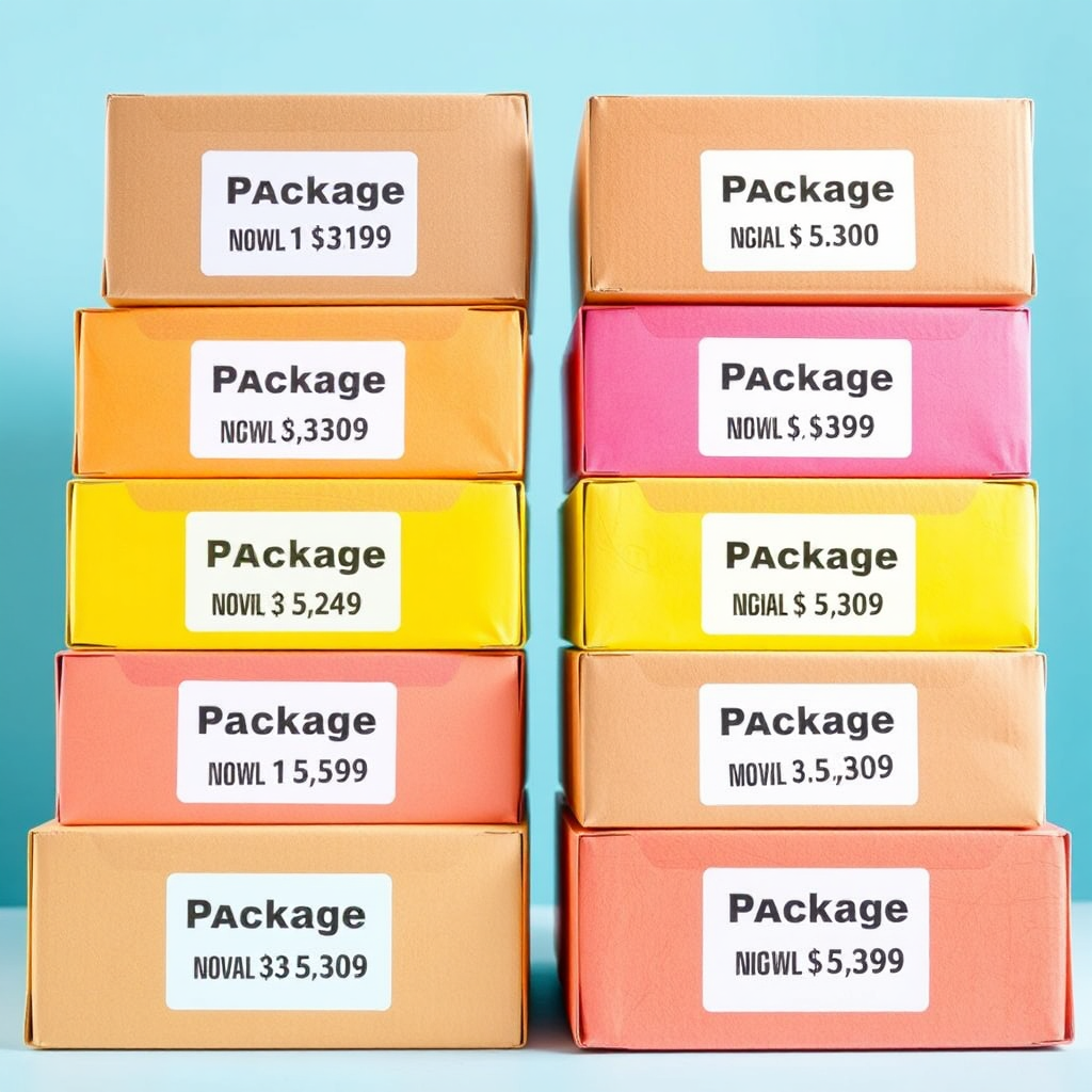 A stylized image depicting a set of neatly stacked boxes, each labeled with a different package name and price. The boxes are color-coded based on the package level. Bright, cheerful lighting creates a positive impression. The camera angle is slightly overhead, showcasing all the boxes.