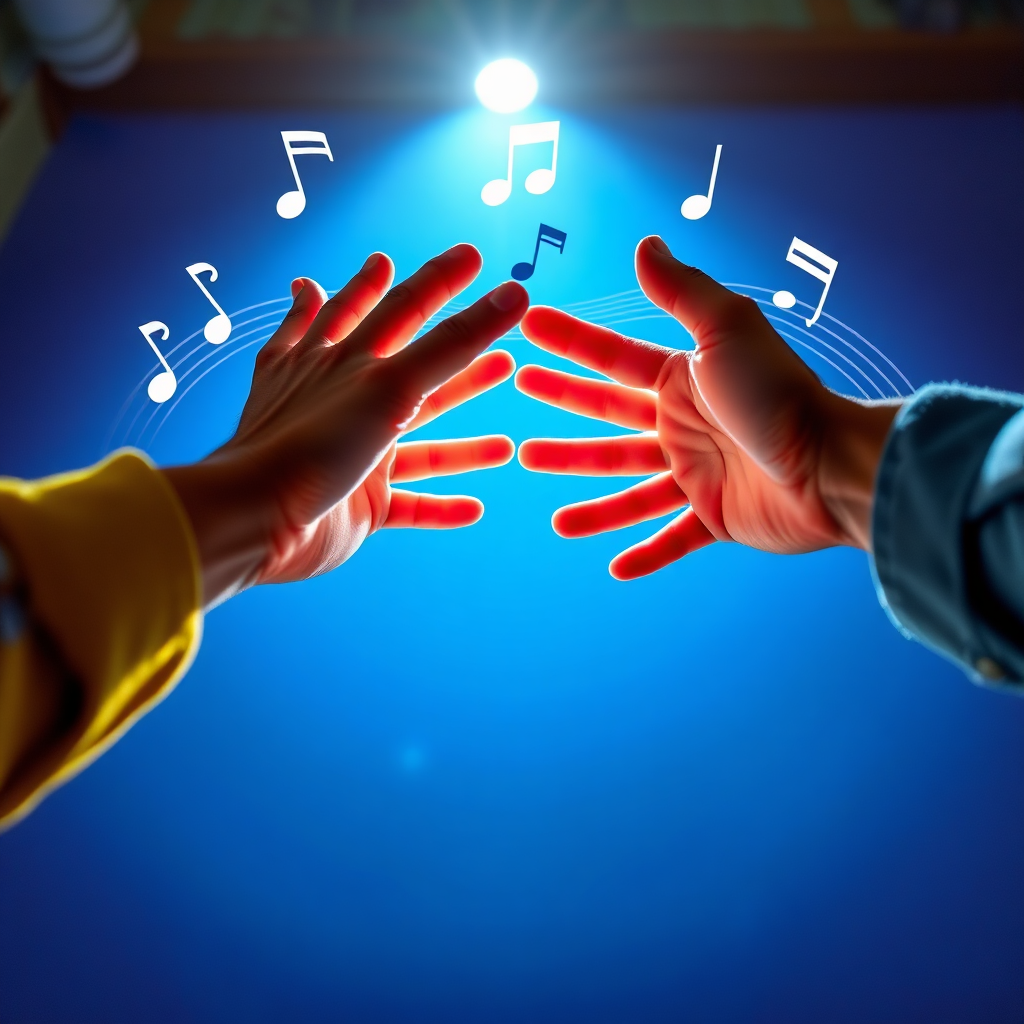 A stylized image of hands reaching out to each other, symbolizing collaboration and connection. The hands are surrounded by musical notes and waveforms. Bright, cheerful lighting conveys enthusiasm and creativity. The camera angle is slightly low, emphasizing the reaching hands.