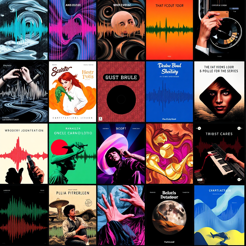 A stylized image showcasing a grid of diverse musical genres represented by abstract waveforms and album art thumbnails. Vibrant colors and dynamic patterns create a visually engaging display. The camera angle is overhead, providing a comprehensive view of the portfolio grid.