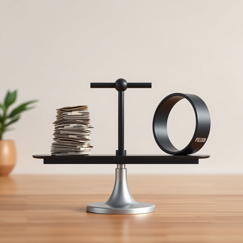 Een weegschaal met een stapel geld aan de ene kant en een pilatesring aan de andere kant, wat visueel de prijs-kwaliteitverhouding vertegenwoordigt. De achtergrond is een strakke, minimalistische studio-omgeving. Belichting: zacht en gebalanceerd. Stijl: conceptueel. Technische specificaties: 4K-resolutie, hoge kwaliteit.