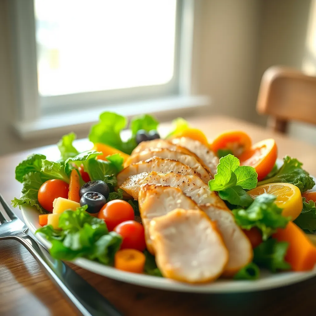 A colorful plate with a variety of fresh vegetables, fruits, and lean protein. The plate is set on a wooden table with a fork and knife beside it. In the background, there is a window with sunlight streaming through.